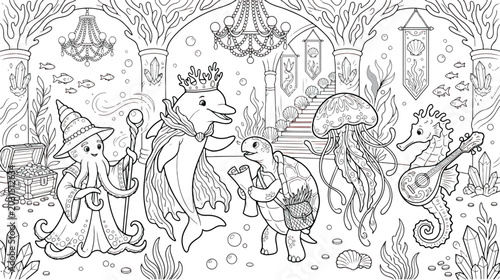 Photography Underwater fantasy kingdom coloring page, ocean animals in royal palace vector,