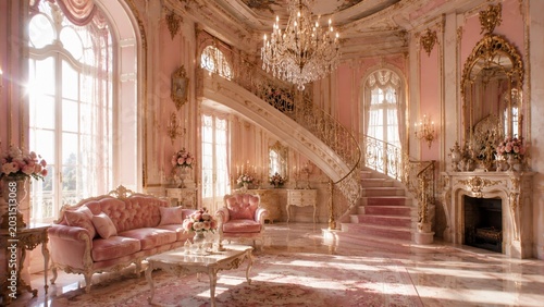 Luxury pink palace living room with staircase chandelier and elegant furniture