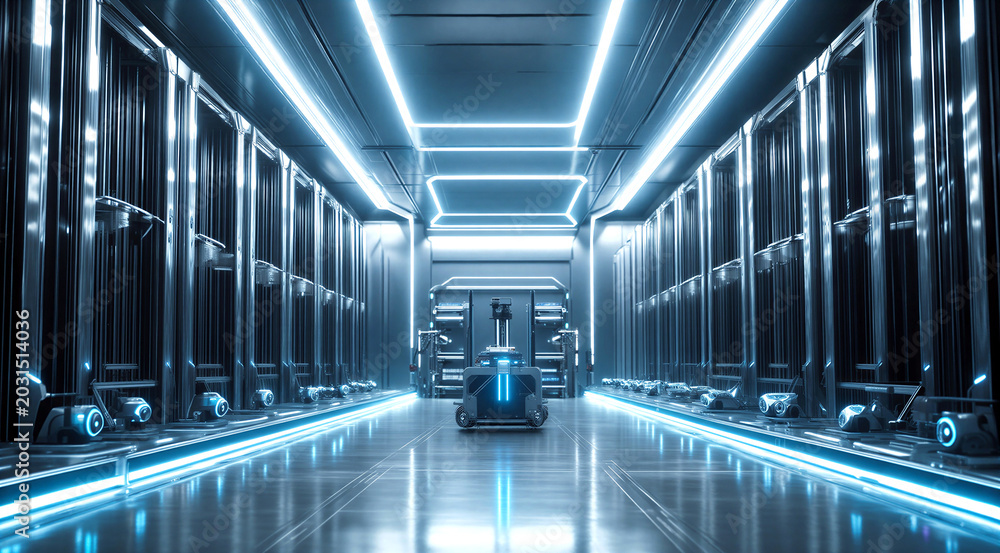 Obraz premium Futuristic automated warehouse with robotic systems and glowing blue lights in a hightech data storage facility