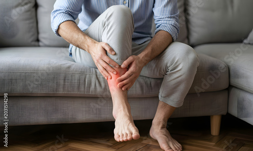 A person is sitting on a couch with their legs crossed, holding their foot, and a red glow highlights the ankle area, suggesting pain or discomfort there.