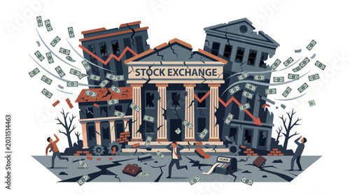 Φωτογραφία Illustration of a chaotic stock exchange building with crumbling architecture, falling money, and fleeing people in a state of panic and financial crisis