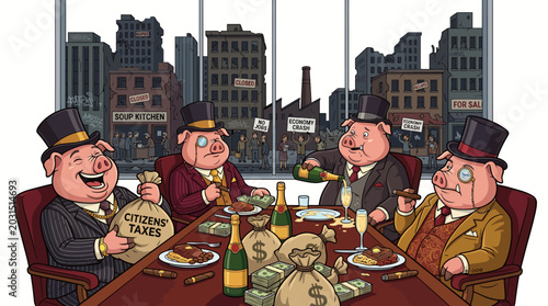 Canvas Print Cartoon illustration of four wealthy businessmen dining and counting money at a table with a cityscape background in a humorous and satirical scene