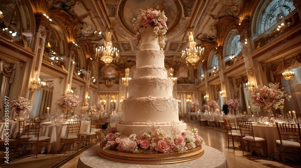 Obraz premium Elegant Multi-Tier Wedding Cake Surrounded by Floral Decorations