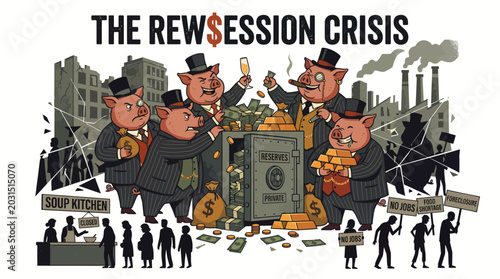 Illustration of pig businessmen in suits and top hats amidst a financial crisis with coins and money, protestors in background.