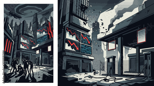 Fotografie A grayscale city street scene with stock market screens displaying downward trends on building facades, with people walking in the distance