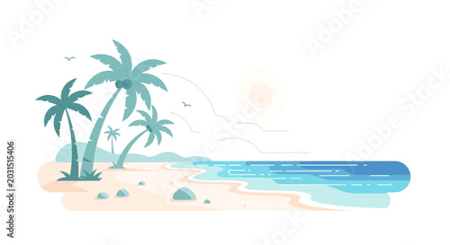 Foto Palm trees on sandy beach shore.