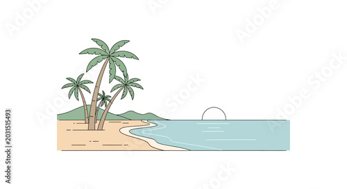 Photos Palm trees on sandy beach shore.