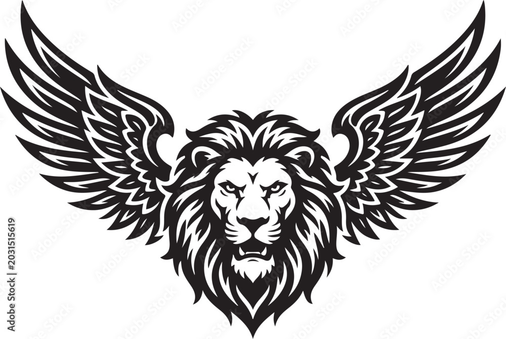 Fototapeta premium Black and white illustration of a majestic lion head with large spread wings in a powerful tattoo style design