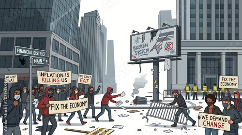 Foto Illustration of a group of people protesting in a city street with barricades and buildings in the background conveying a sense of urgency and social change