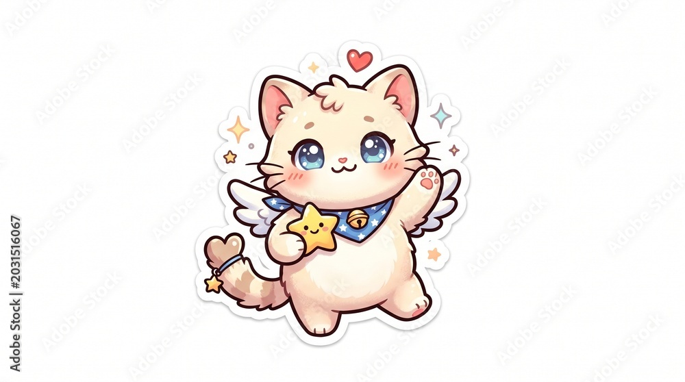 Obraz premium Adorable cartoon cat with angelic wings holding a yellow star, surrounded by sparkles and a heart.