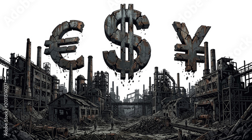 Foto A desolate industrial landscape with crumbling buildings and rubble, featuring large, rusty currency symbols for the Euro, US Dollar, and Yen, against a stark white background