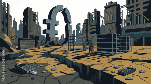 Schilderij op canvas Illustration of a desolate cityscape with a large pound symbol in the background, featuring cracked earth and debris, with a gray and yellow color palette