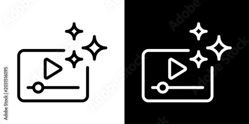 AI video icon in outline style featuring video player and sparkle elements representing artificial intelligence, smart editing, and digital video creation tools.