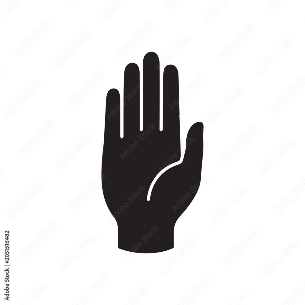 Obraz premium Black silhouette of a raised left hand with palm facing forward in a stopping or warning gesture isolated on white background.