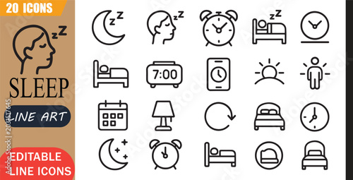 Tableau sur toile Isolated sleep routine icons set, 20 editable line art icons set, sleep alarmclo