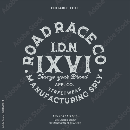 Editable Text Effect Vector of Black white Road vintage work shirt street wear fancy eroded uniform or t-shirt logo Design for Printing, garment, merchandise, apparel, small business, community