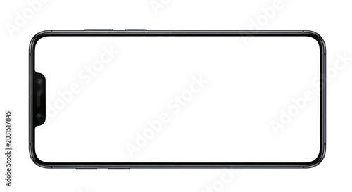 Modern smartphone mockup in horizontal orientation with blank white screen isolated on transparent background