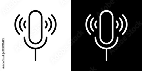 Voice assistant icon in outline style featuring microphone and sound wave elements representing speech recognition, AI communication, and smart audio technology.