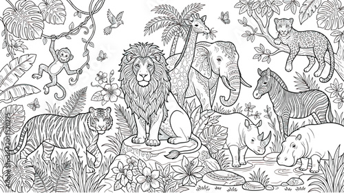 Photography Jungle animals coloring page vector, wild safari wildlife line art, tropical rai