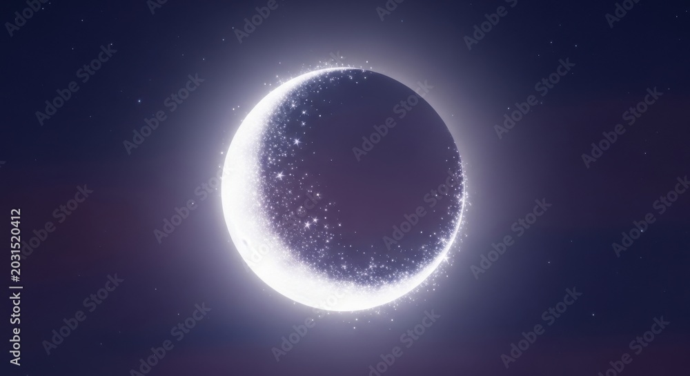 Fototapeta premium Glowing crescent moon surrounded by sparkling dust particles against a dark night sky background