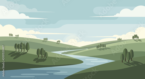 Schilderij op canvas Serene Countryside Landscape with Winding River and Rolling Hills at Sunrise