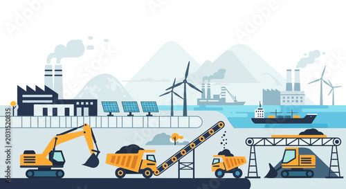 Quadro em tela Industrial landscape with mining, energy production, and transportation