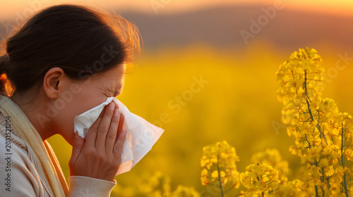 Woman blowing nose into white tissue in field of yellow flowers during allergy season with sneezing
