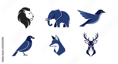 Photography Set of Six Modern Animal Icons: Lion, Elephant, Bird, Fox, Deer, and Crow