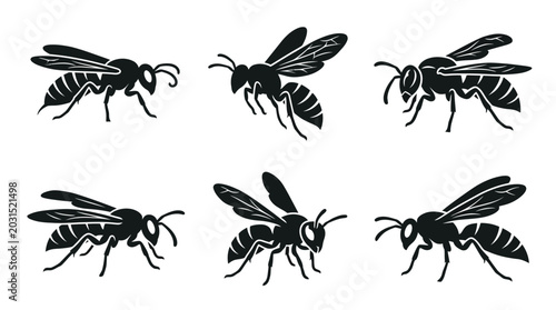 different black wasp silhouettes on a clean white background, minimalist vector style.
