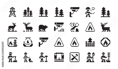 Cuadro en lienzo Forestry and wild animal icon set in pixel art style for environmental conservation theme