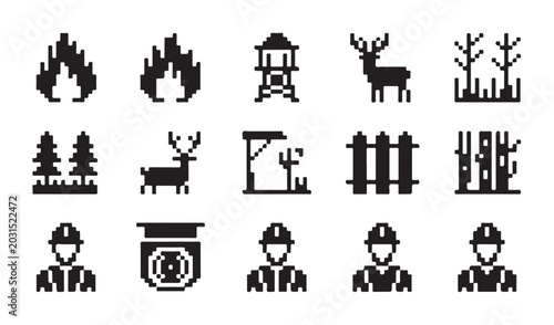 Bild auf Leinwand Pixel art forest fire prevention and park ranger icon set with timber and wildlife motifs