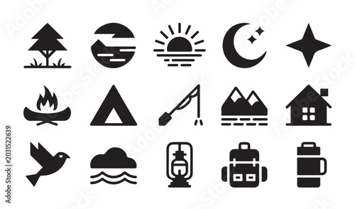 Foto Set of fifteen camping and outdoor activity silhouette icons for hiking and travel design
