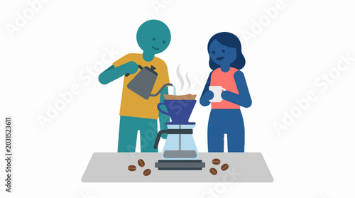 Couple Preparing Fresh Coffee with Pour Over Method