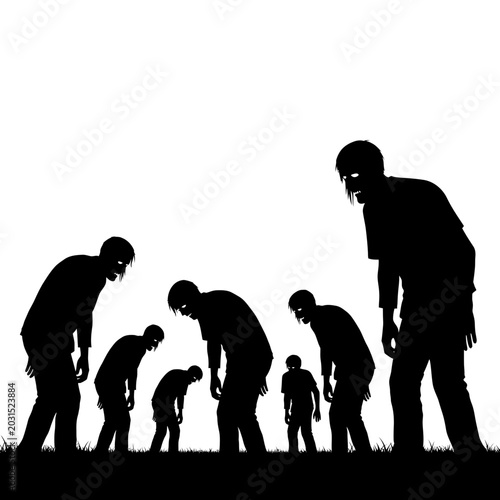 Canvastavla Silhouette of a zombie horde walking on grass, horror concept