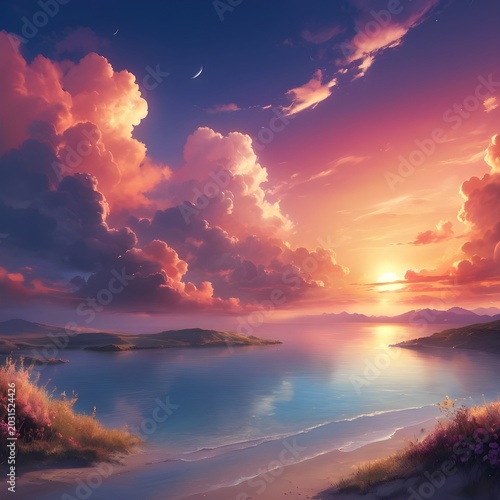 Bedroom with Sunset Sky Mural and Minimalist Decor