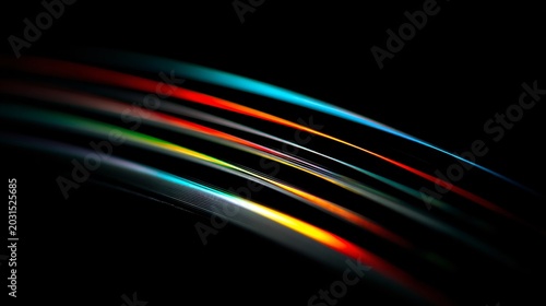 A macro close up capturing rainbow-like reflections across vinyl grooves under angled light on a black background