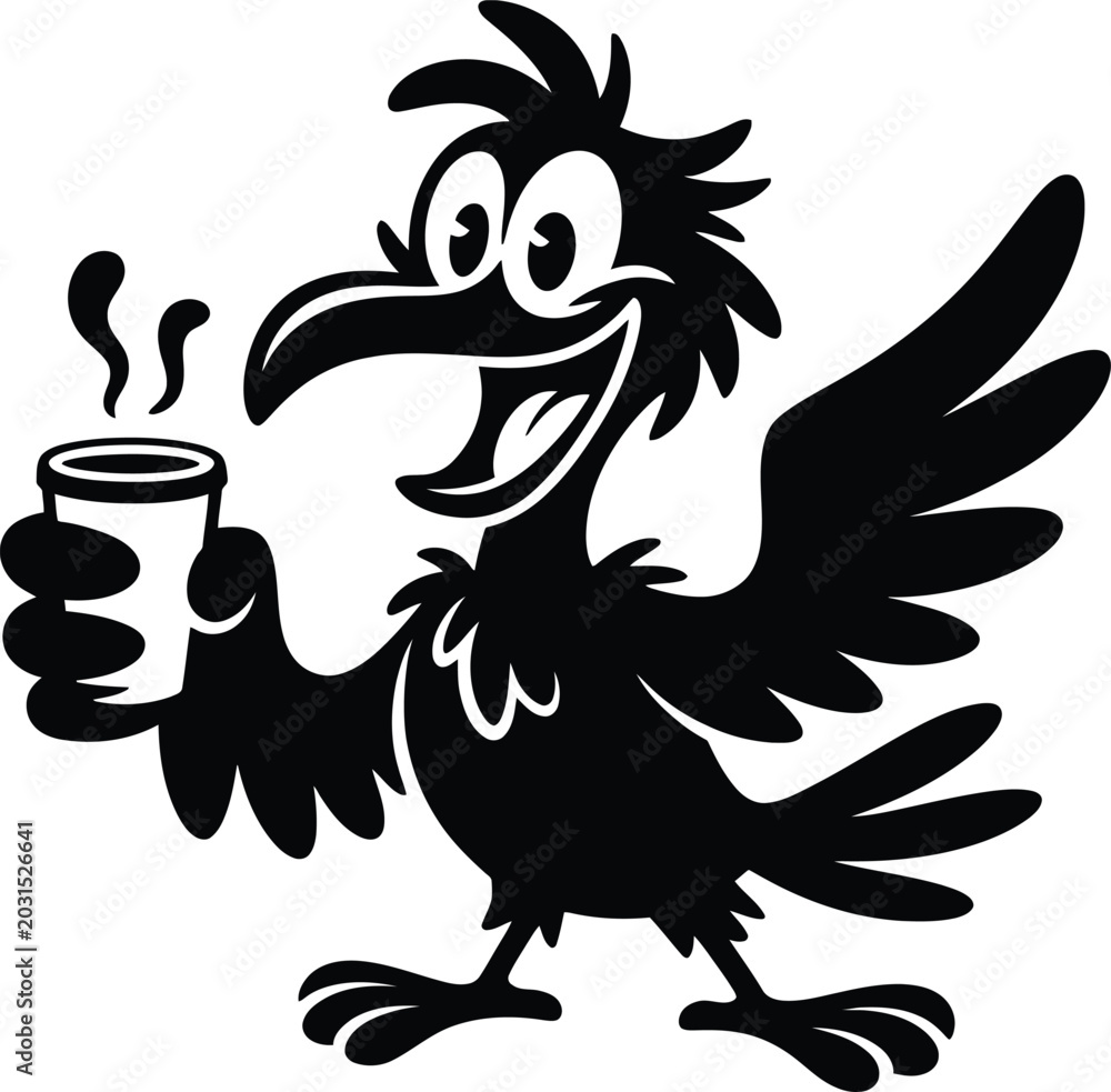 Fototapeta premium Silhouette bird holds steaming coffee cup smiling