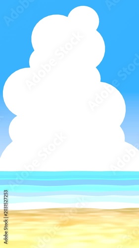 入道雲と波が控えめに動く夏の浜辺の3DCG風景　縦長　ループ動画
