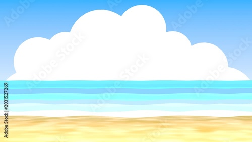 入道雲と波が控えめに動く夏の浜辺の3DCG風景　ループ動画