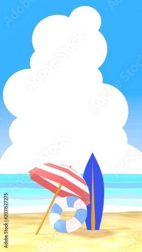 入道雲と波が控えめに動く、夏の浜辺にサーブボードとパラソルがある3DCG風景　縦長　ループ動画