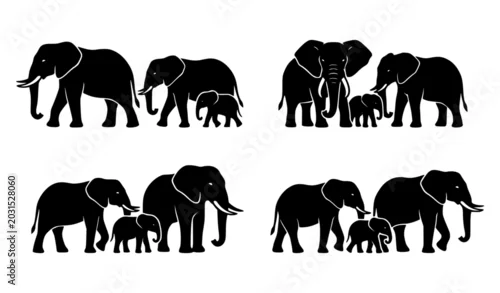 Obraz Decorative Wild Elephant Family Silhouettes with Calf and Adult Variations Vector Set