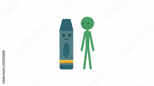 Person standing next to angry giant crayon
