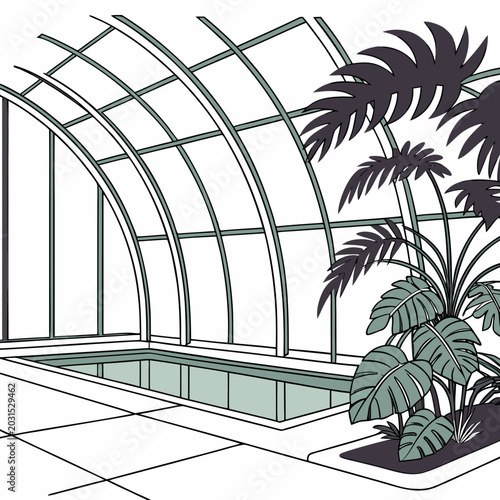 Quadro em tela Minimalist line art view of a glass enclosed swimming pool and plants