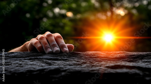 Rock climber attempting to grip a challenging handhold on a cliffside, hands covered in chalk, concept of effort, learning from experience, and mastering skills over time
