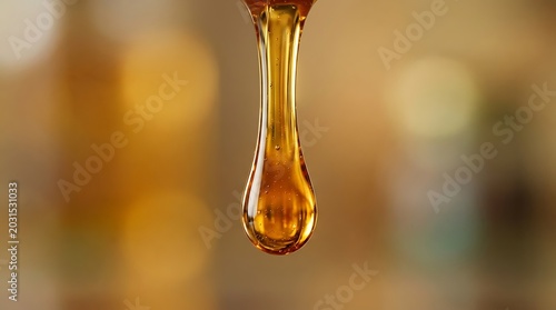 Close-up of a thick, golden liquid droplet, likely honey or syrup, suspended mid-air against a soft, blurred background, showcasing its viscosity and rich amber hue