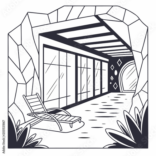 Schilderij op canvas Modern cave interior with full glass wall and lounge chair interior tropical