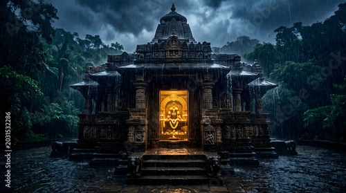Ancient temple glowing during rainstorm in tropical forest