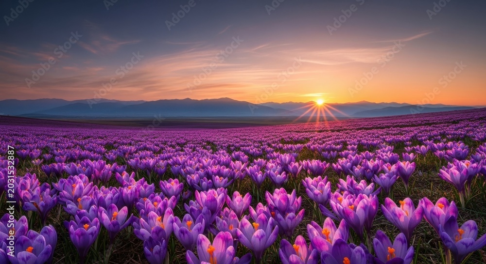 Obraz premium Vibrant purple crocus flowers in a vast field at sunset with distant mountains under a colorful sky