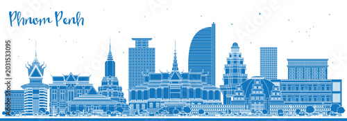 Tableau sur toile Outline Phnom Penh Cambodia City Skyline with Blue Buildings