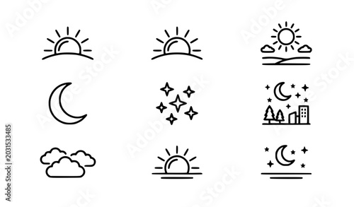 Minimal Weather and Celestial Line Icons Set with Sun Moon Clouds and Night Sky Symbols